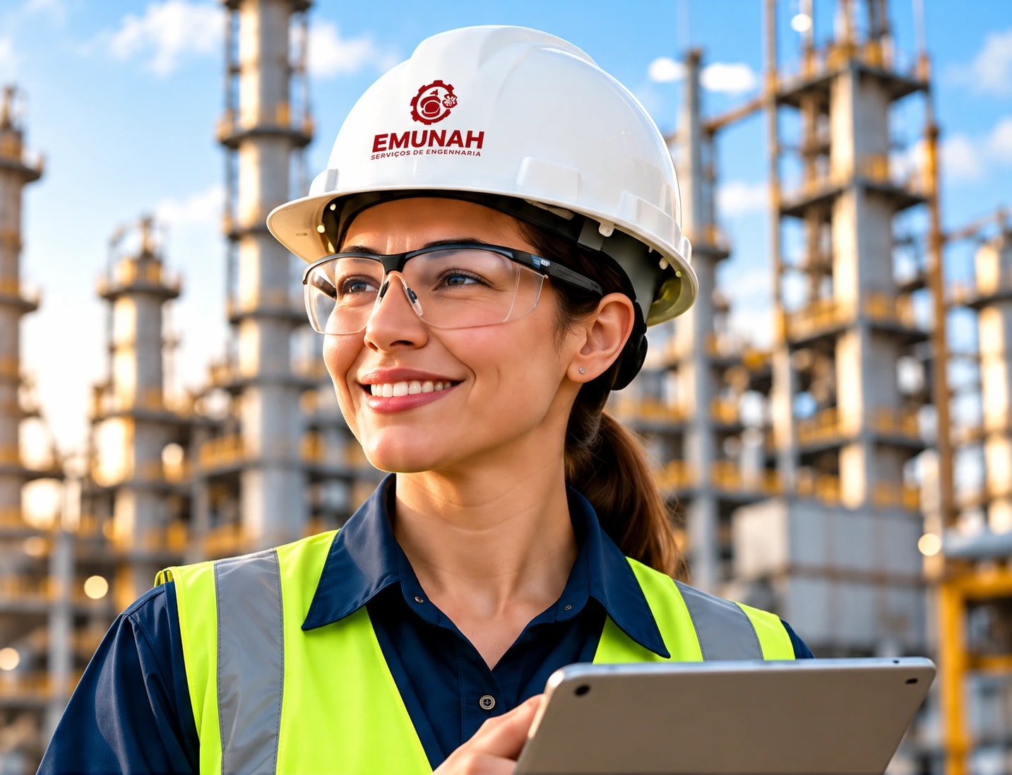 Engenheira com capacete Emunah e tablet em uma instalação industrial